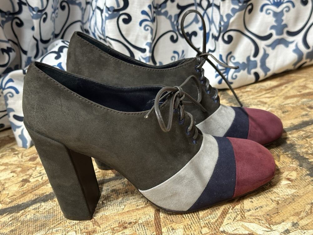 Tory Burch Stella Color-block Oxford Suede Block Heel Black Burgundy & Gray 10